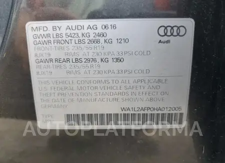 AUDI Q5 PREMIUM 2017 vin WA1L2AFP0HA012005 from auto auction Copart