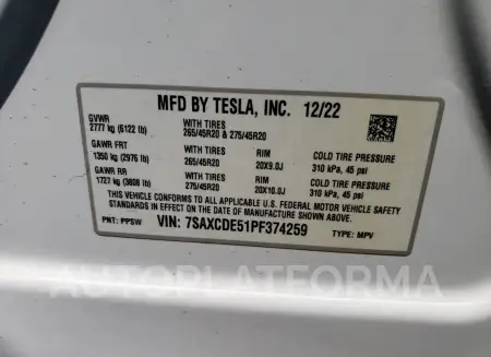 TESLA MODEL X 2023 vin 7SAXCDE51PF374259 from auto auction Copart