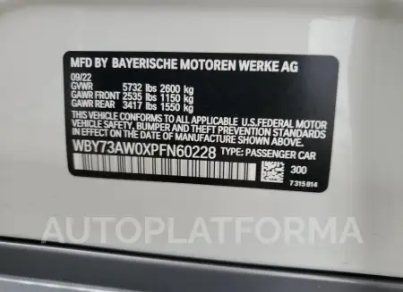 BMW I4 EDRIVE 2023 vin WBY73AW0XPFN60228 from auto auction Copart