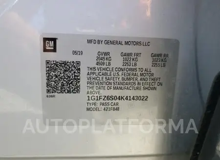 CHEVROLET BOLT EV PR 2019 vin 1G1FZ6S04K4143022 from auto auction Copart