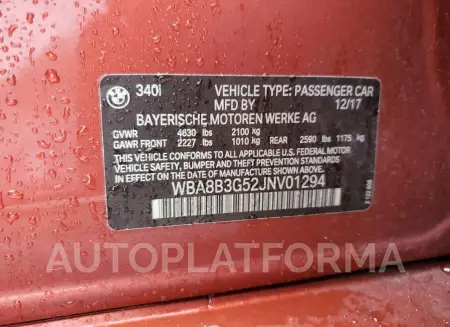 BMW 340 I 2018 vin WBA8B3G52JNV01294 from auto auction Copart