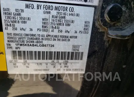 FORD EXPLORER P 2020 vin 1FM5K8AB4LGB67726 from auto auction Copart