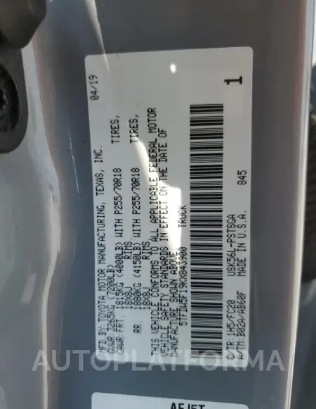 TOYOTA TUNDRA CRE 2019 vin 5TFDW5F19KX843900 from auto auction Copart