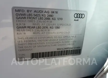 AUDI Q5 PREMIUM 2016 vin WA1L2AFP2GA131656 from auto auction Copart