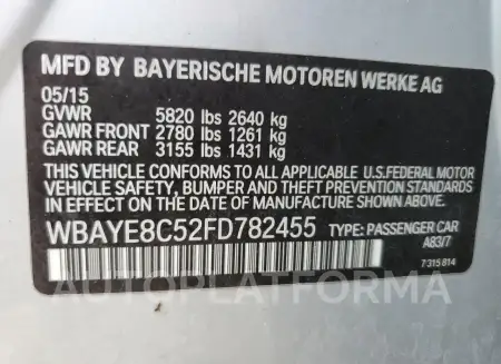 BMW 750 LI 2015 vin WBAYE8C52FD782455 from auto auction Copart