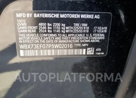 BMW X1 XDRIVE2 2023 vin WBX73EF07P5W02016 from auto auction Copart