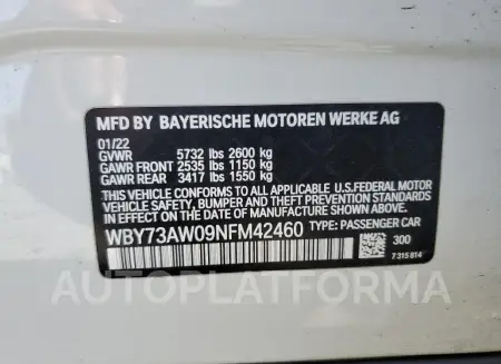 BMW I4 EDRIVE 2022 vin WBY73AW09NFM42460 from auto auction Copart