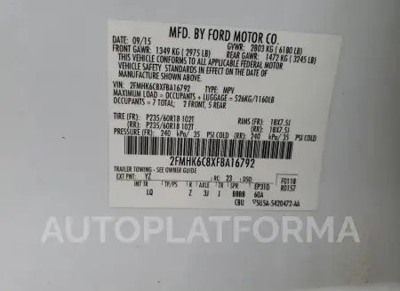 FORD FLEX SEL 2015 vin 2FMHK6C8XFBA16792 from auto auction Copart