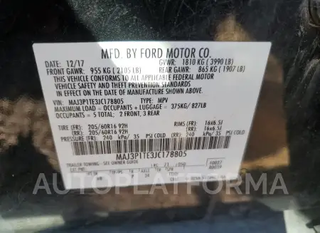 FORD ECOSPORT S 2018 vin MAJ3P1TE3JC178805 from auto auction Copart