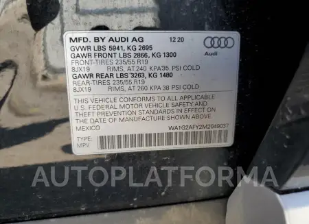 AUDI Q5 E PREMI 2021 vin WA1G2AFY2M2049037 from auto auction Copart