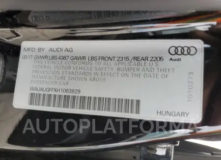 AUDI A3 PREMIUM 2017 vin WAUAUGFFXH1063929 from auto auction Copart