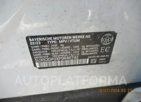 BMW X3 XDRIVE3 2023 vin 5UX53DP0XP9R40742 from auto auction Copart