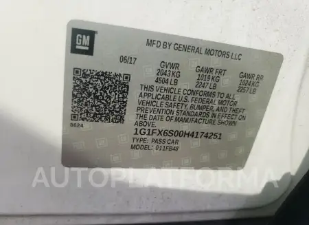 CHEVROLET BOLT EV PR 2017 vin 1G1FX6S00H4174251 from auto auction Copart