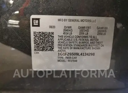 CHEVROLET BOLT EV PR 2020 vin 1G1FZ6S09L4134298 from auto auction Copart