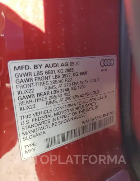 AUDI SQ8 PRESTI 2020 vin WA1CWAF12LD023742 from auto auction Copart