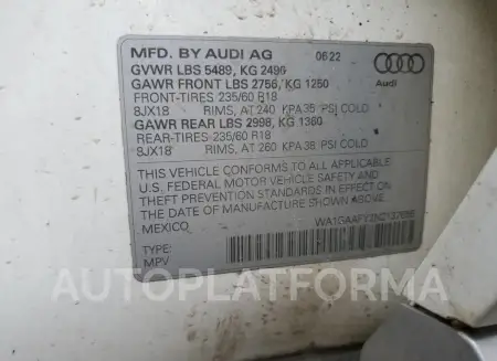 AUDI Q5 PREMIUM 2022 vin WA1GAAFY2N2137655 from auto auction Copart