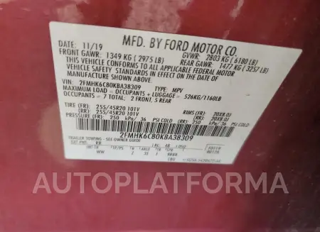 FORD FLEX SEL 2019 vin 2FMHK6C80KBA38309 from auto auction Copart