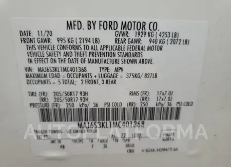 FORD ECOSPORT T 2021 vin MAJ6S3KL1MC401368 from auto auction Copart