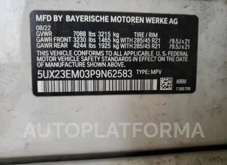 BMW X7 XDRIVE4 2023 vin 5UX23EM03P9N62583 from auto auction Copart