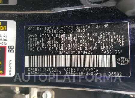 TOYOTA AVALON LIM 2021 vin 4T1DA1AB0MU010428 from auto auction Copart