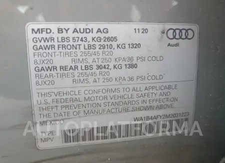 AUDI SQ5 PREMIU 2021 vin WA1B4AFY2M2031223 from auto auction Copart