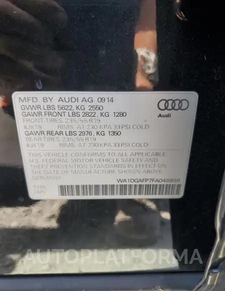 AUDI Q5 PREMIUM 2015 vin WA1DGAFP7FA046896 from auto auction Copart