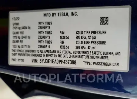 TESLA MODEL 3 2023 vin 5YJ3E1EA0PF437398 from auto auction Copart