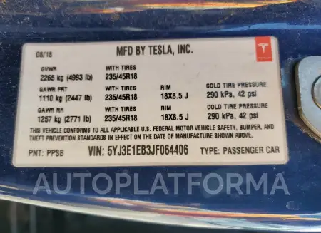 TESLA MODEL 3 2018 vin 5YJ3E1EB3JF064406 from auto auction Copart