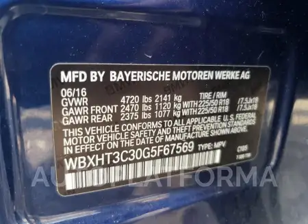 BMW X1 XDRIVE2 2016 vin WBXHT3C30G5F67569 from auto auction Copart