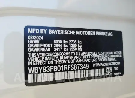 BMW I4 XDRIVE 2024 vin WBY83FB01RFS87349 from auto auction Copart