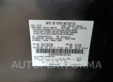 FORD TAURUS SEL 2019 vin 1FAHP2E87KG107765 from auto auction Copart