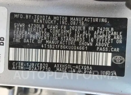 TOYOTA AVALON XLE 2019 vin 4T1B21FB6KU004661 from auto auction Copart