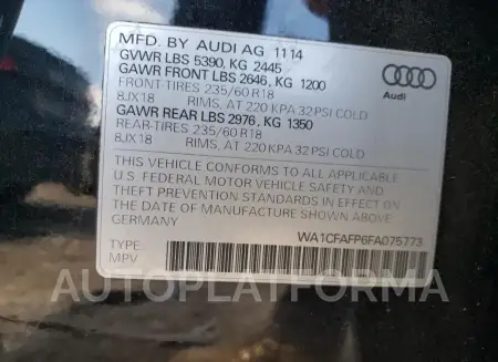 AUDI Q5 PREMIUM 2015 vin WA1CFAFP6FA075773 from auto auction Copart