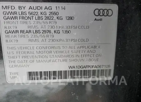 AUDI Q5 PREMIUM 2015 vin WA1DGAFP0FA067105 from auto auction Copart