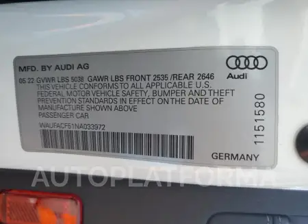 AUDI A5 PREMIUM 2022 vin WAUFACF51NA033972 from auto auction Copart