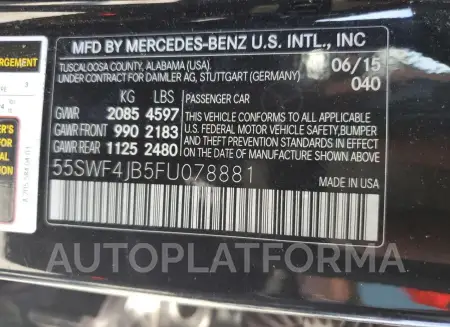 MERCEDES-BENZ C 300 2015 vin 55SWF4JB5FU078881 from auto auction Copart