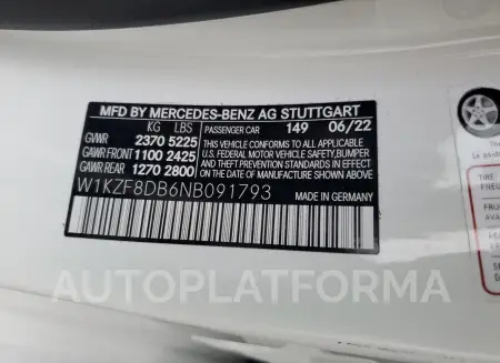 MERCEDES-BENZ E 350 2022 vin W1KZF8DB6NB091793 from auto auction Copart