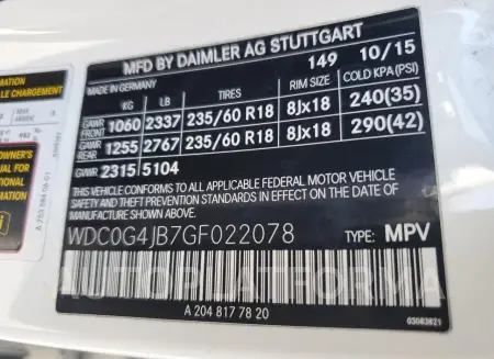 MERCEDES-BENZ GLC 300 2016 vin WDC0G4JB7GF022078 from auto auction Copart