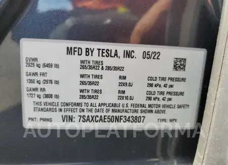 TESLA MODEL X 2022 vin 7SAXCAE50NF343807 from auto auction Copart