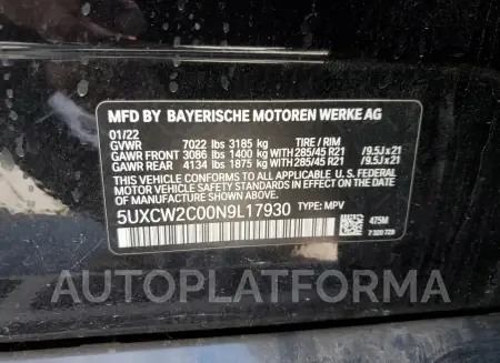 BMW X7 XDRIVE4 2022 vin 5UXCW2C00N9L17930 from auto auction Copart