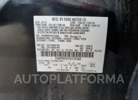 FORD TAURUS SEL 2015 vin 1FAHP2E91FG153560 from auto auction Copart