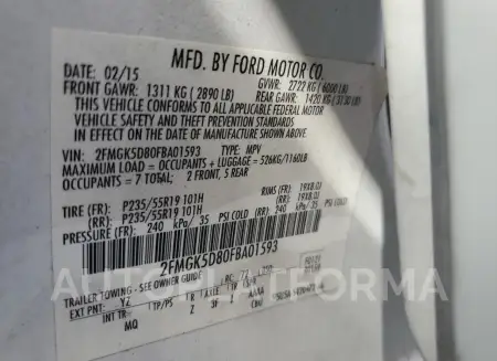 FORD FLEX LIMIT 2015 vin 2FMGK5D80FBA01593 from auto auction Copart