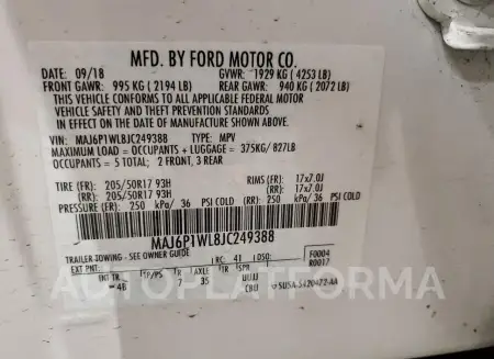 FORD ECOSPORT T 2018 vin MAJ6P1WL8JC249388 from auto auction Copart