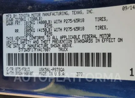 TOYOTA TUNDRA CRE 2015 vin 5TFDW5F17FX417807 from auto auction Copart