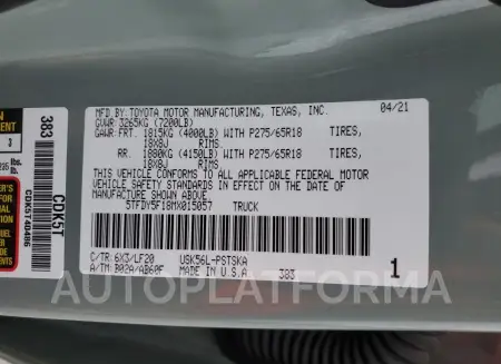 TOYOTA TUNDRA CRE 2021 vin 5TFDY5F18MX015057 from auto auction Copart