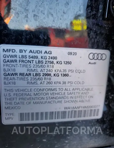 AUDI Q5 PREMIUM 2021 vin WA1AAAFY4M2003377 from auto auction Copart