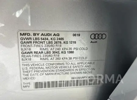 AUDI Q5 PREMIUM 2019 vin WA1ANAFY3K2129036 from auto auction Copart