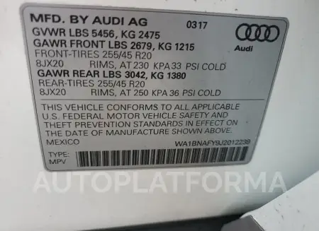 AUDI Q5 PREMIUM 2018 vin WA1BNAFY9J2012239 from auto auction Copart