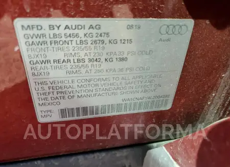 AUDI Q5 PRESTIG 2020 vin WA1CNAFY4L2004282 from auto auction Copart