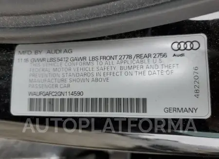 AUDI A6 PREMIUM 2016 vin WAUFGAFC2GN114590 from auto auction Copart